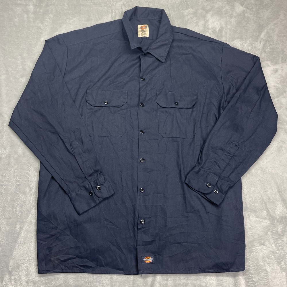 Dickies Flex‎ Shirt Mens 2XL Navy Classic Fit Chest Pockets Collared Button-Up